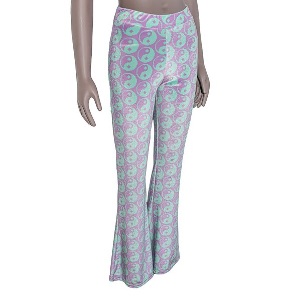 Mint Purple Digital Peace Sign Velvet Bell Bottom Flared Pants Small Fall Winter - Picture 4 of 5